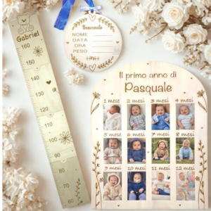 set nascita in legno personalizzato metro crescita, targhetta e primo anno